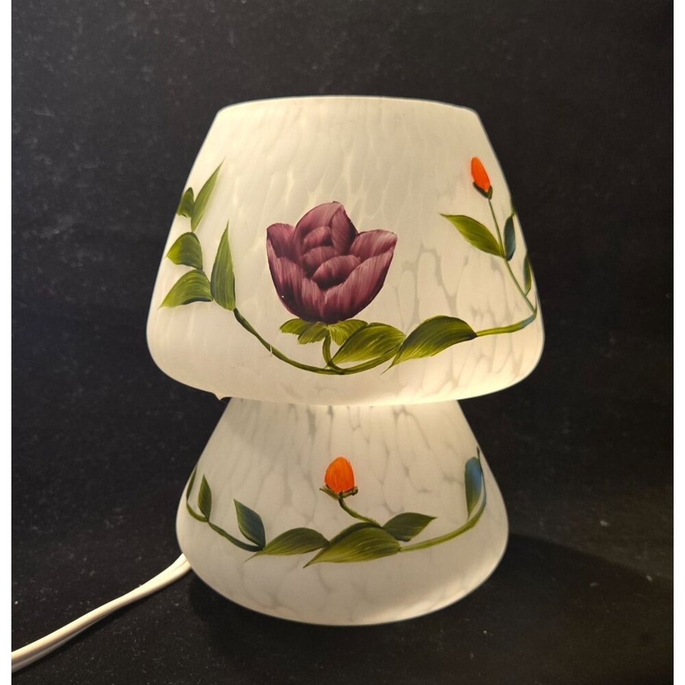 Hand-Painted Floral Frosted Glass Table Lamp With Corded Switch